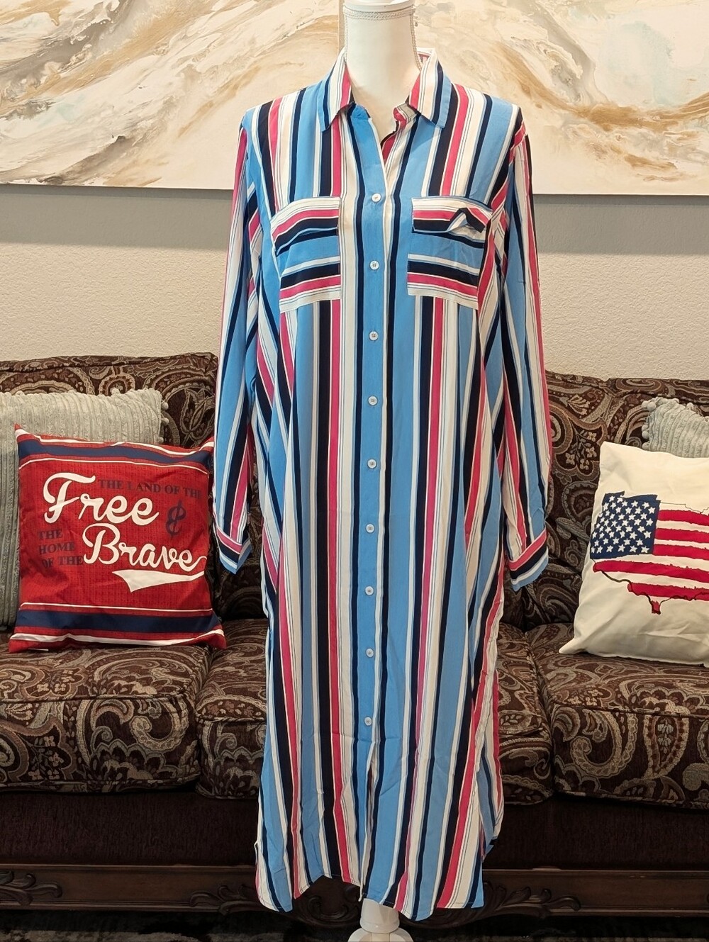 Long Striped Button-Up Shirt Dress in Blue, White & Pink
